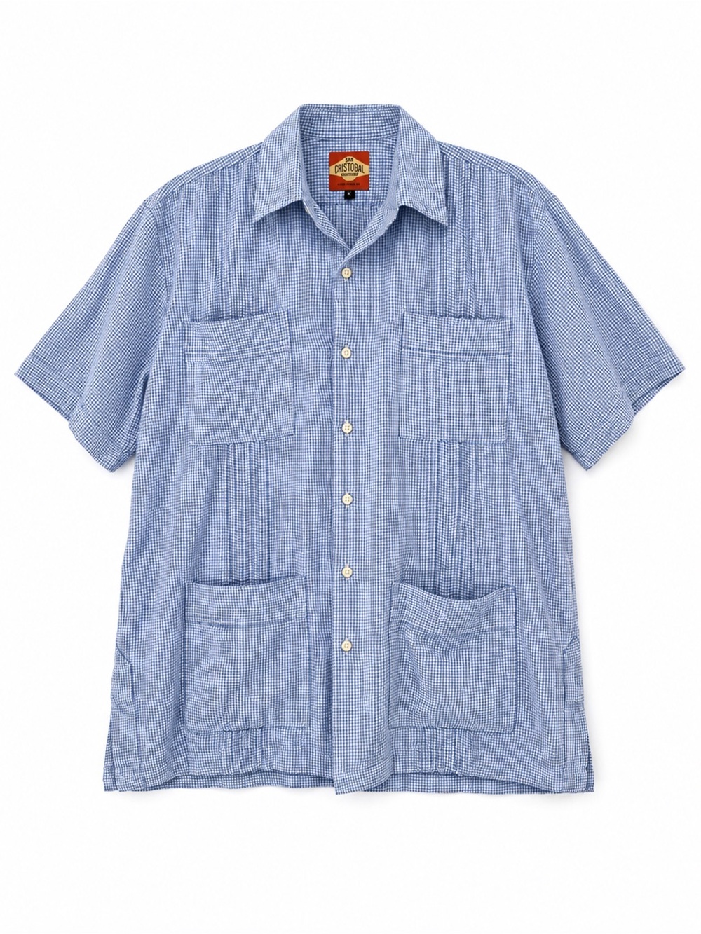 San Cristobal Classic Short Sleeve 4-Pocket Guayabera Blue Windowpane Plaid XL